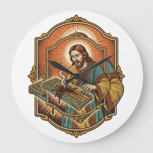 Jesus Coffee Spill Mechanical Keyboard Broken Tech Large Clock
