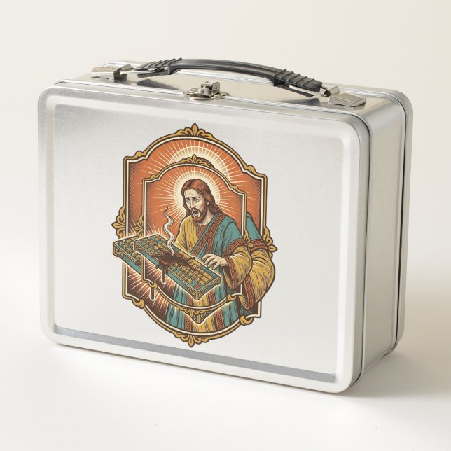Jesus Coffee Spill Mechanical Keyboard Broken Tech Metal Lunch Box (Front)