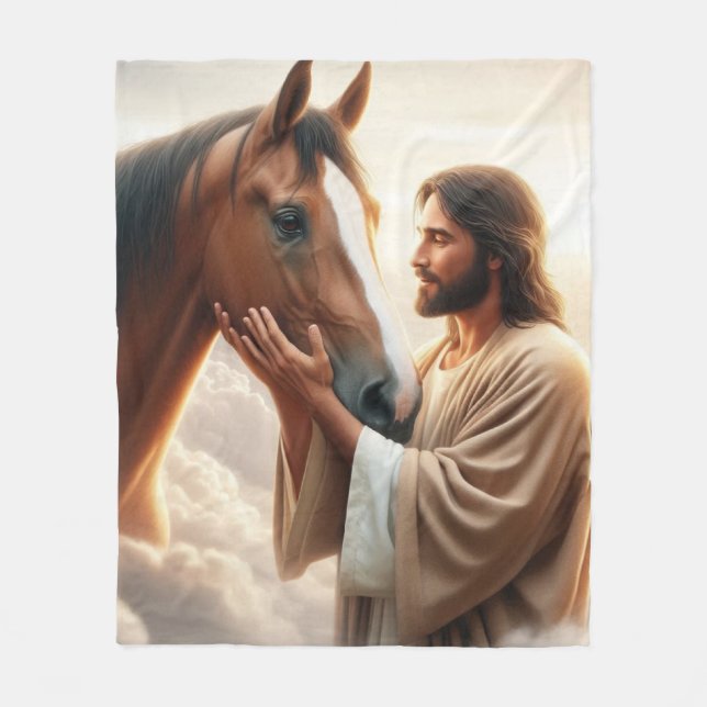 Jesus Comforting a Horse in Heaven Fleece Blanket (Front)