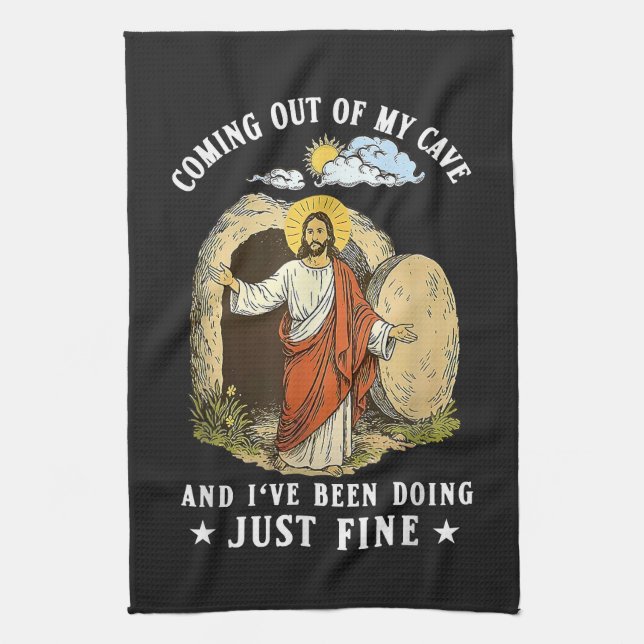 Jesus Coming Out of My Cave  Tea Towel (Vertical)