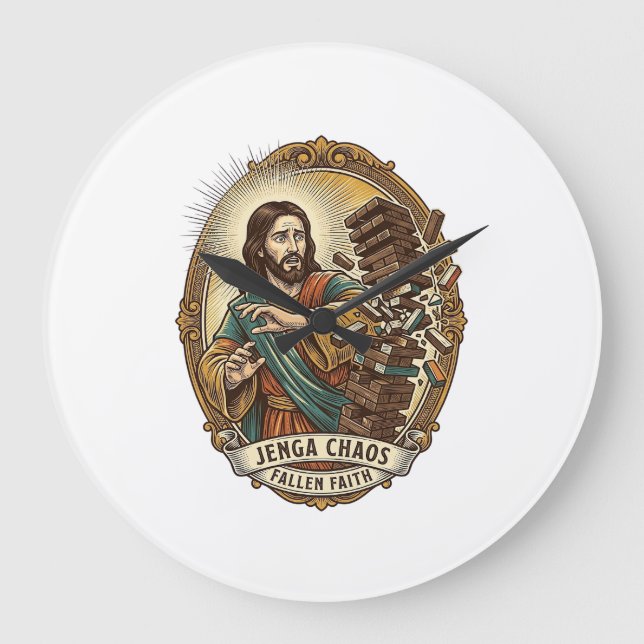 Jesus Crashing Party Jenga Tower Game Fail Humor_1 Large Clock (Front)