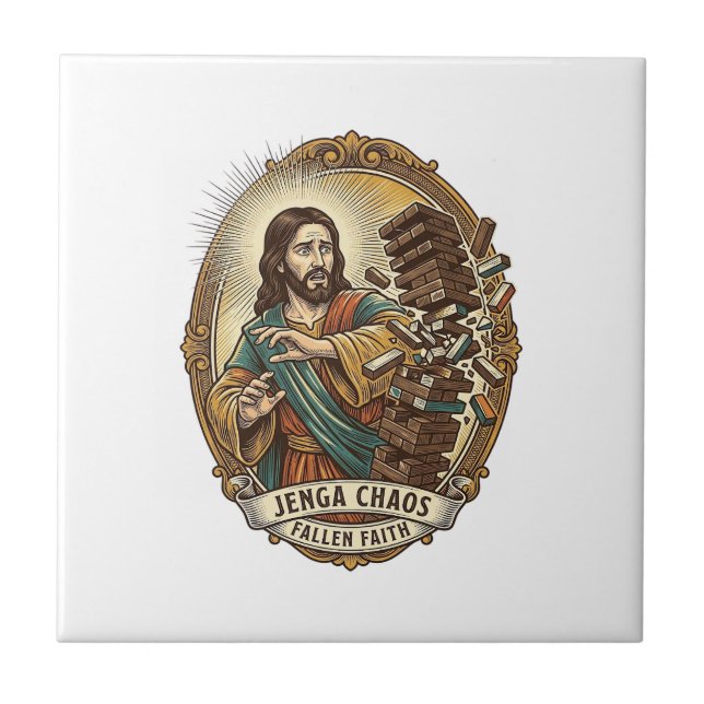 Jesus Crashing Party Jenga Tower Game Fail Humor_1 Tile (Front)