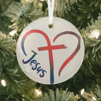 Jesus Cross and Heart Love Symbol Glass Tree Decoration
