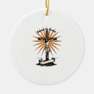 Jesus Cross Faith Vintage Engraving Christian Shir Ceramic Tree Decoration