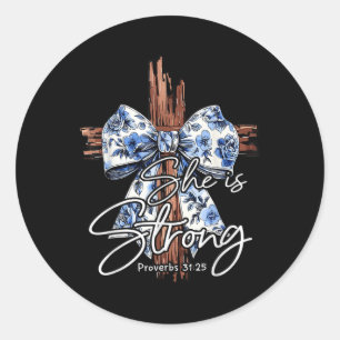 Jesus Cross Floral Blue Coquette Bow She Is Strong Classic Round Sticker
