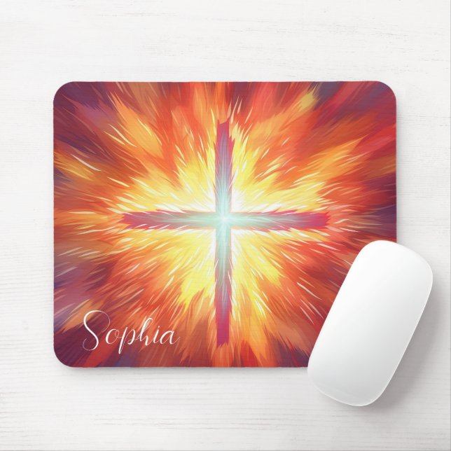 Jesus Cross On Fire Christian Custome Name Mouse Mat (With Mouse)