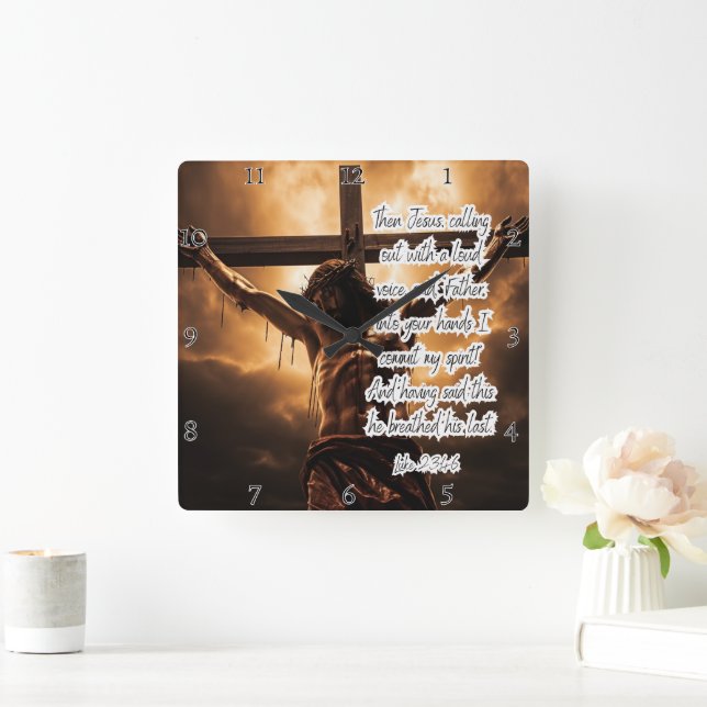 Jesus: Cross, Spirit, Last Breath Square Wall Clock (Home)