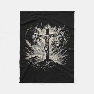 Jesus Cross Vintage 90s Style Lion Of Judah Christ Fleece Blanket