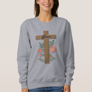 Jesus Cross With Coral Flowers Word Art Sweatshirt