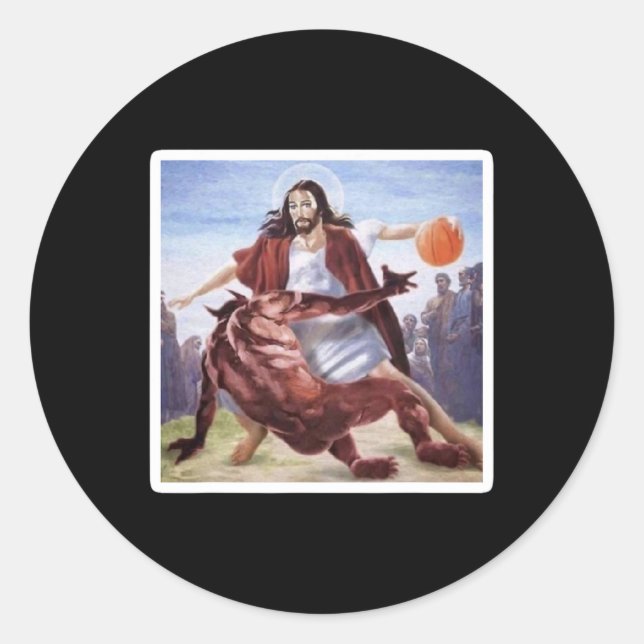 Jesus Crossing Up Satan Basketball  Classic Round Sticker (Front)