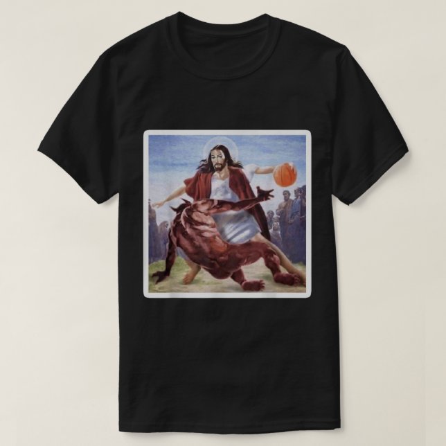 Jesus Crossing Up Satan Basketball  T-Shirt (Design Front)