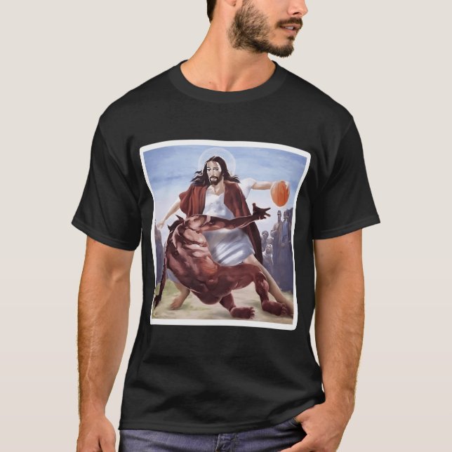 Jesus Crossing Up Satan Basketball T-Shirt (Front)