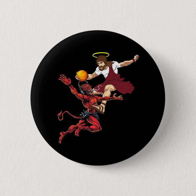 Jesus Crossing Up The Devil Bysketbyll Player Dunk 6 Cm Round Badge (Front)