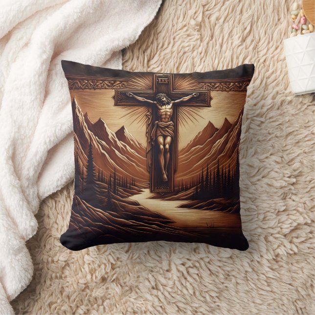 Jesus Crucified Against Majestic Mountains Cushion (Blanket)