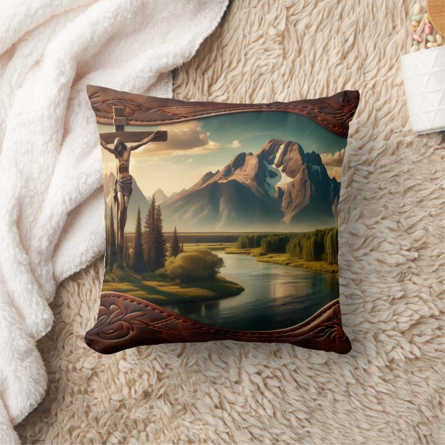 Jesus Crucified In Front of Majestic Mountains Cushion (Blanket)