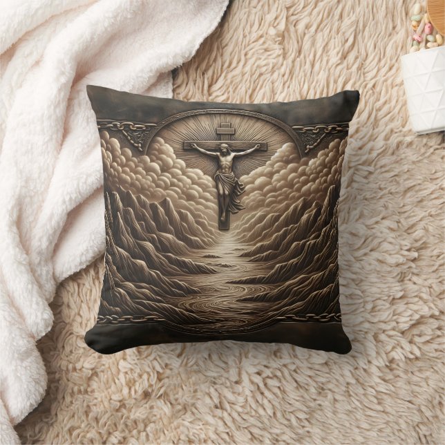 Jesus Crucified Over Majestic Mountain Landscape Cushion (Blanket)