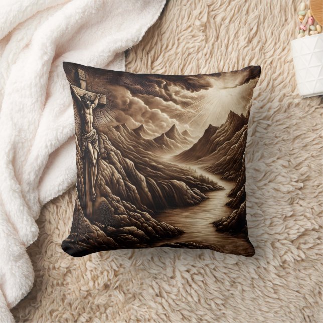 Jesus Crucified Over Mountain Landscape at Dusk Cushion (Blanket)