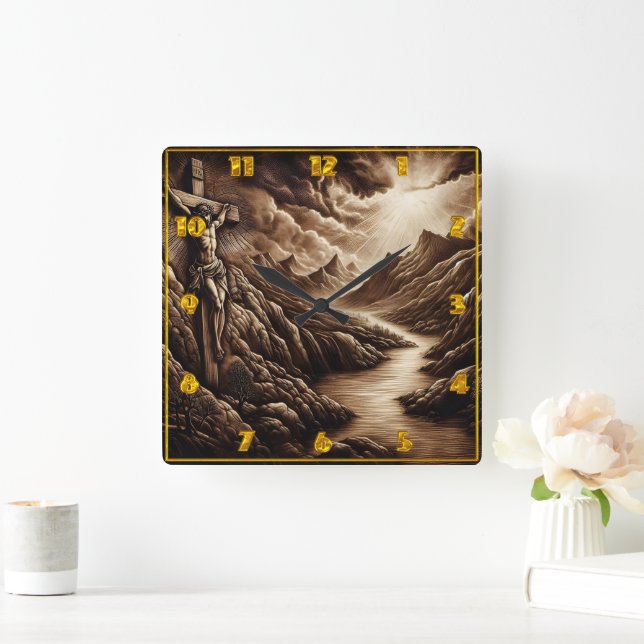 Jesus Crucified Over Mountain Landscape at Dusk Square Wall Clock (Home)
