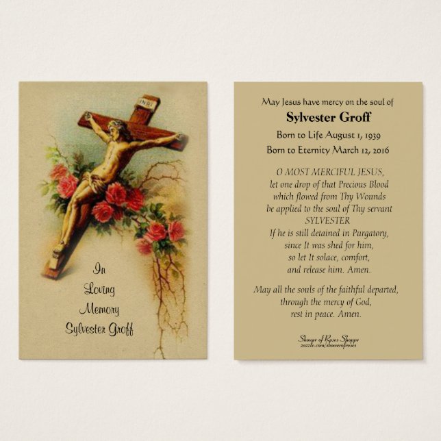 Jesus Crucifix Roses  Funeral Memorial Holy Card - (Front & Back)