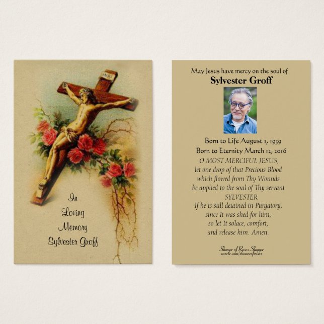 Jesus Crucifix Roses  Funeral Memorial Holy Card - (Front & Back)