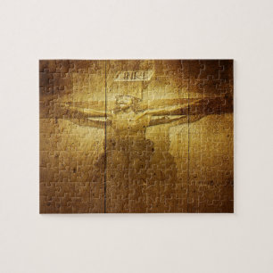 Jesus Crucifixion Engraved on Wooden Plank Jigsaw Puzzle