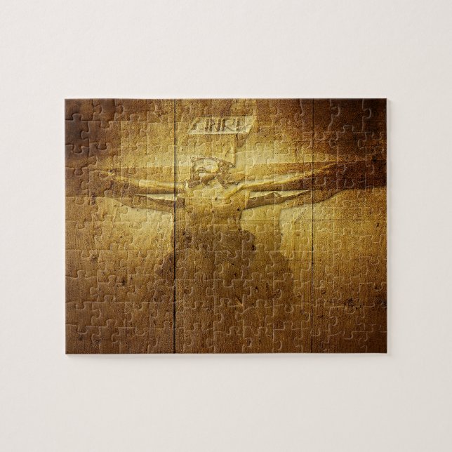 Jesus Crucifixion Engraved on Wooden Plank Jigsaw Puzzle (Horizontal)