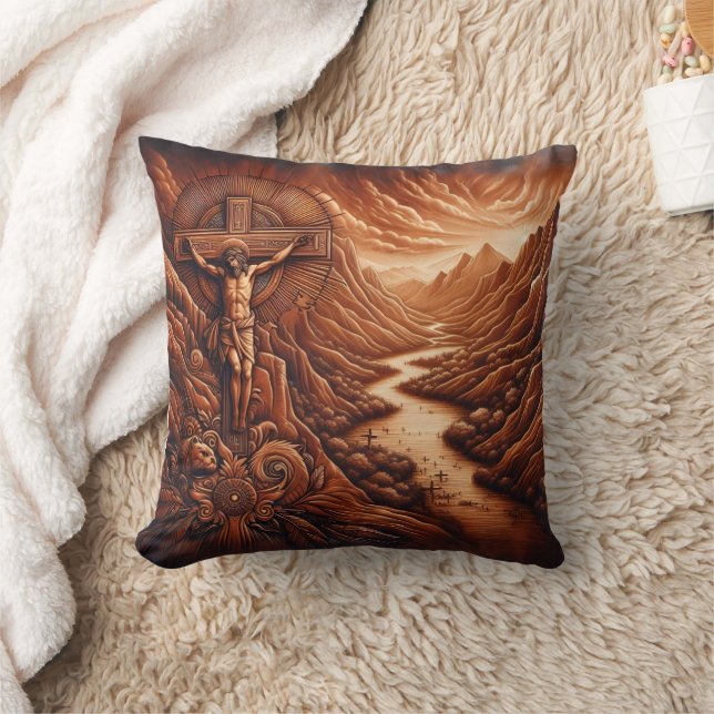 Jesus Crucifixion in Serene Mountain Landscape Cushion (Blanket)