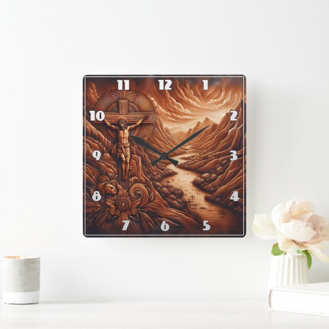Jesus Crucifixion in Serene Mountain Landscape Square Wall Clock (Home)