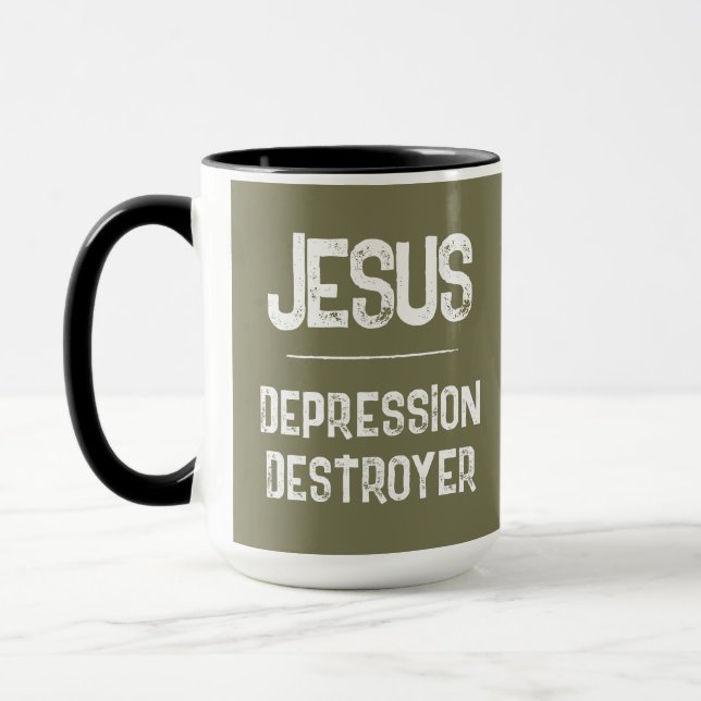 Jesus Depression Destroyer Olive Army Green Mug (Left)