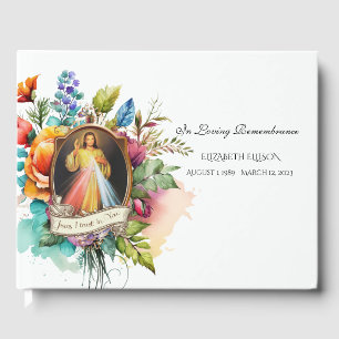 Jesus Divine Mercy Floral Memorial Funeral Guest Book