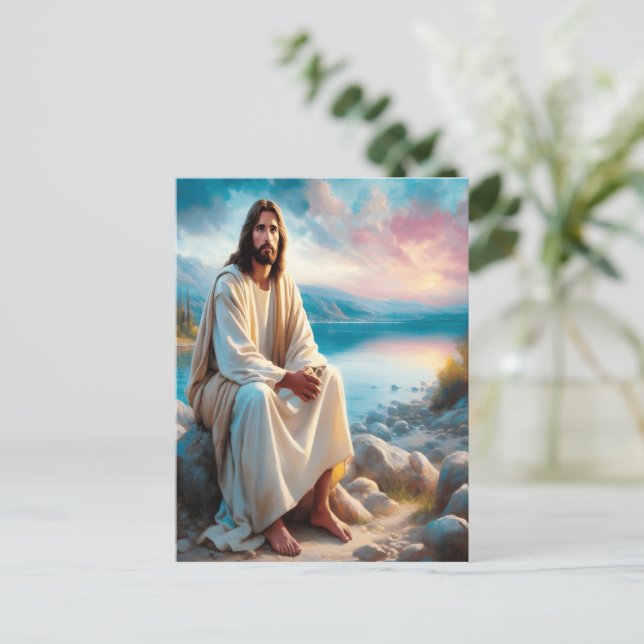 Jesus Divine Peace Beside Sunset Waters Postcard (Standing Front)