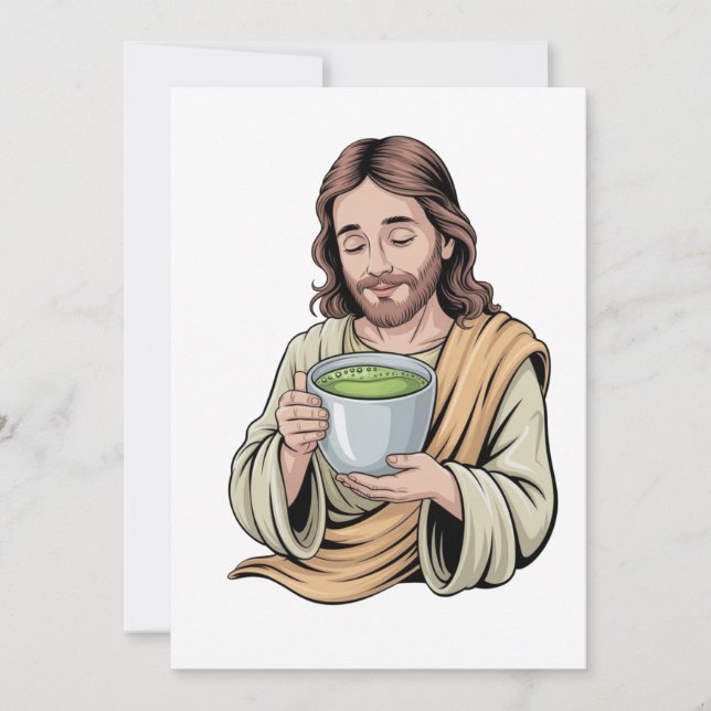 Jesus Drinking Matcha Drink Christian  Holiday Card (Front)