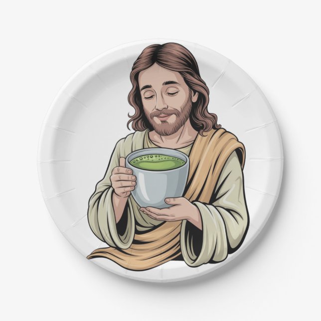 Jesus Drinking Matcha Drink Christian  Paper Plate (Front)