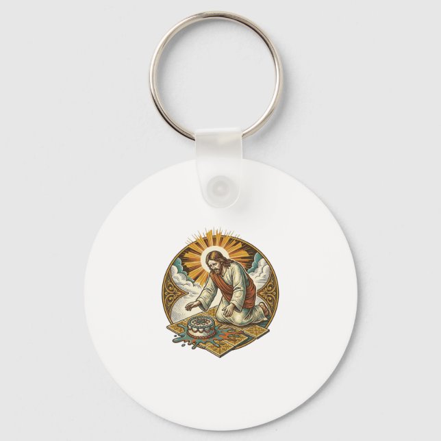 Jesus Dropped Birthday Cake Face Down Kitchen Floo Key Ring (Front)