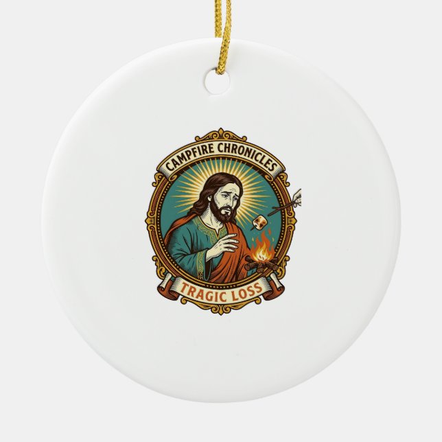 Jesus Dropped Marshmallow Campfire Party Fail Humo Ceramic Tree Decoration (Front)