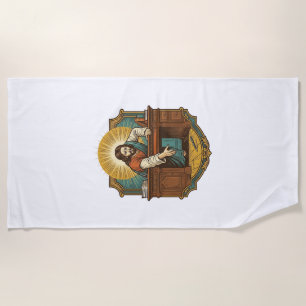 Jesus Dropped Pen Behind Heavy Desk Clumsy Humor_1 Beach Towel