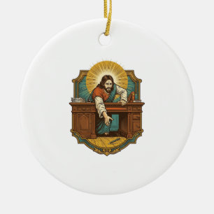 Jesus Dropped Pen Behind Heavy Desk Clumsy Humor_1 Ceramic Tree Decoration