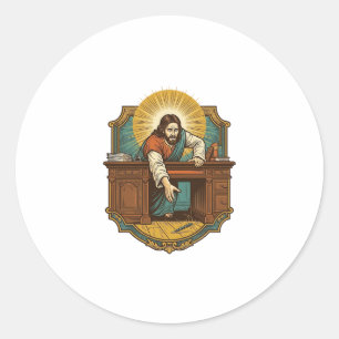Jesus Dropped Pen Behind Heavy Desk Clumsy Humor_1 Classic Round Sticker