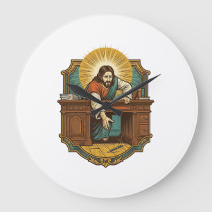 Jesus Dropped Pen Behind Heavy Desk Clumsy Humor_1 Large Clock