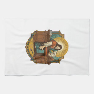 Jesus Dropped Pen Behind Heavy Desk Clumsy Humor_1 Tea Towel