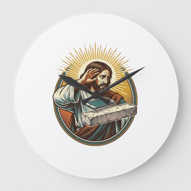 Jesus Dropped Phone Face Flat Concrete Panic Scree Large Clock (Front)