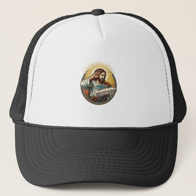 Jesus Dropped Phone Face Flat Concrete Panic Scree Trucker Hat (Front)