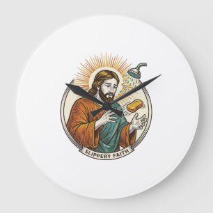 Jesus Dropped Slippery Soap Shower Tub Clumsy Humo Large Clock