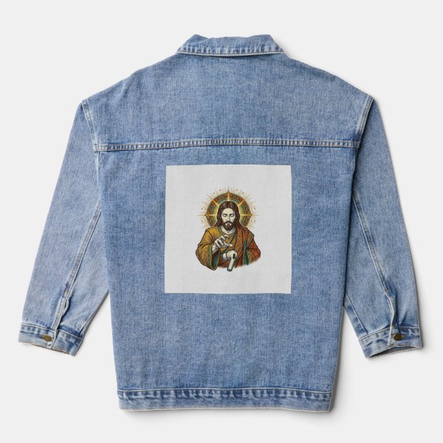 Jesus Dropped Wireless Earbud Under Desk Tech Clum Denim Jacket (Back)