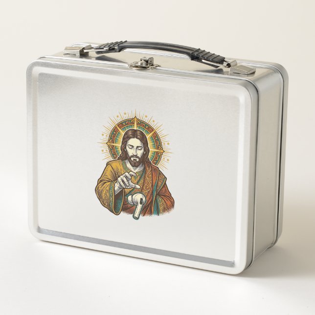 Jesus Dropped Wireless Earbud Under Desk Tech Clum Metal Lunch Box (Front)