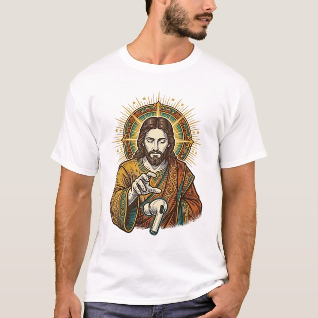 Jesus Dropped Wireless Earbud Under Desk Tech Clum T-Shirt (Front)