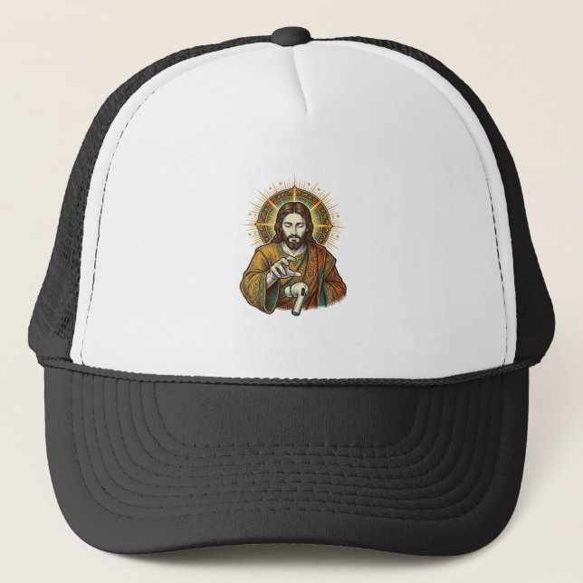Jesus Dropped Wireless Earbud Under Desk Tech Clum Trucker Hat (Front)