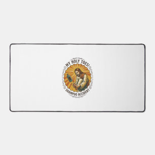 Jesus Dropping Shampoo Bottle On Foot Shower Pain Desk Mat