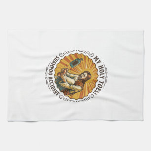 Jesus Dropping Shampoo Bottle On Foot Shower Pain  Tea Towel