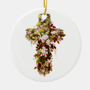 Jesus Easter Sunday Flowering cross Ceramic Tree Decoration